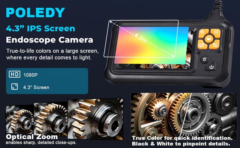 POLEDY Endoscope Camera with Light, 1080P HD Borescope, 8 Adjustable LED Light mit 4.3" IPS Screen Inspection, IP67 Waterproof 16.4ft Snake Camera, Semi-Rigid Cable Inspection - Image 3